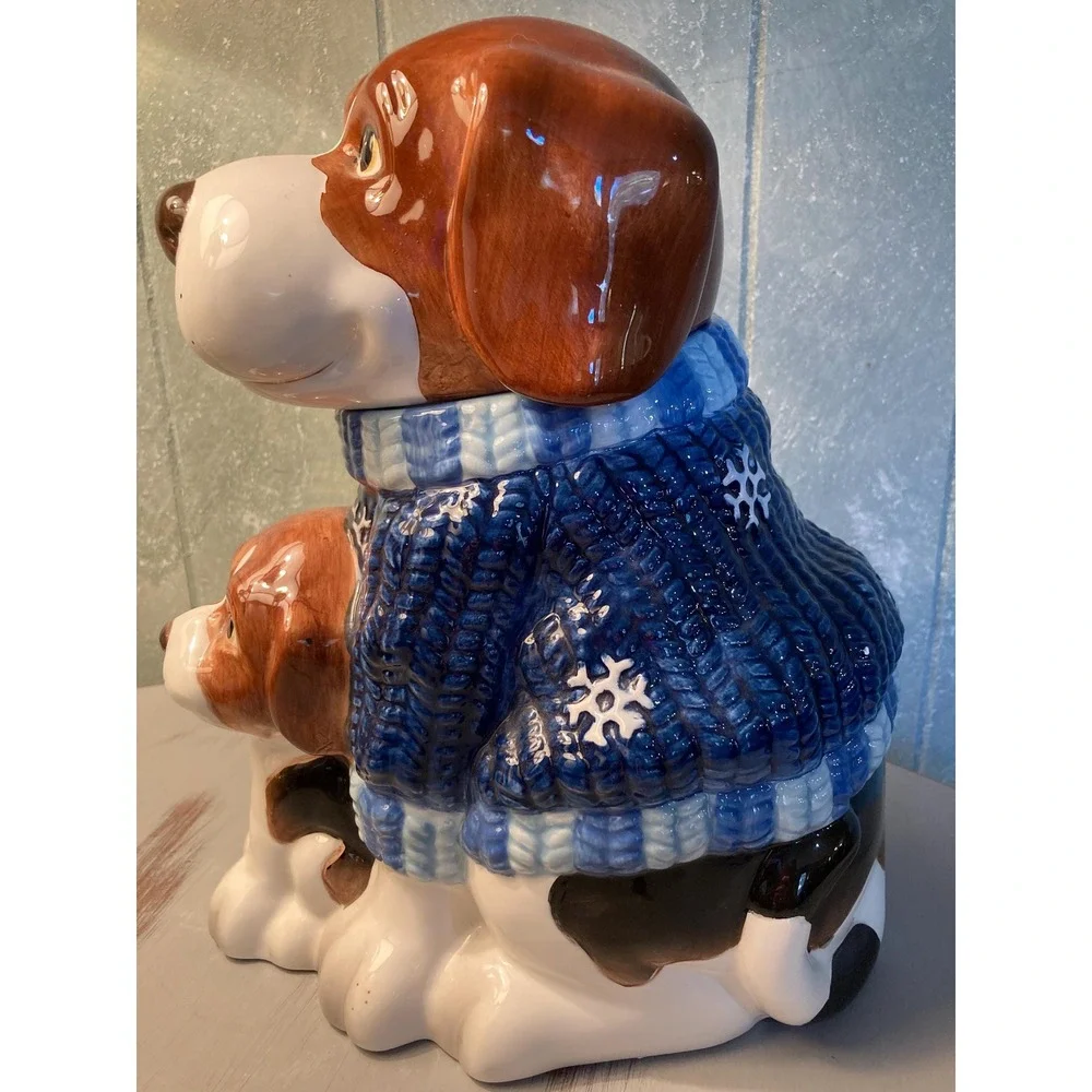Dog And Puppy Cookie Jar In Snowflake Christmas Sweater